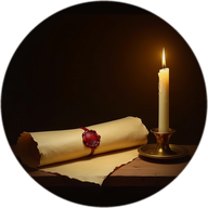 The house mark — a sealed scroll beside a lit candle