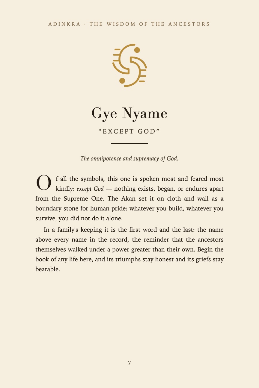 Gye Nyame page — the gold symbol above its meaning and narrative
