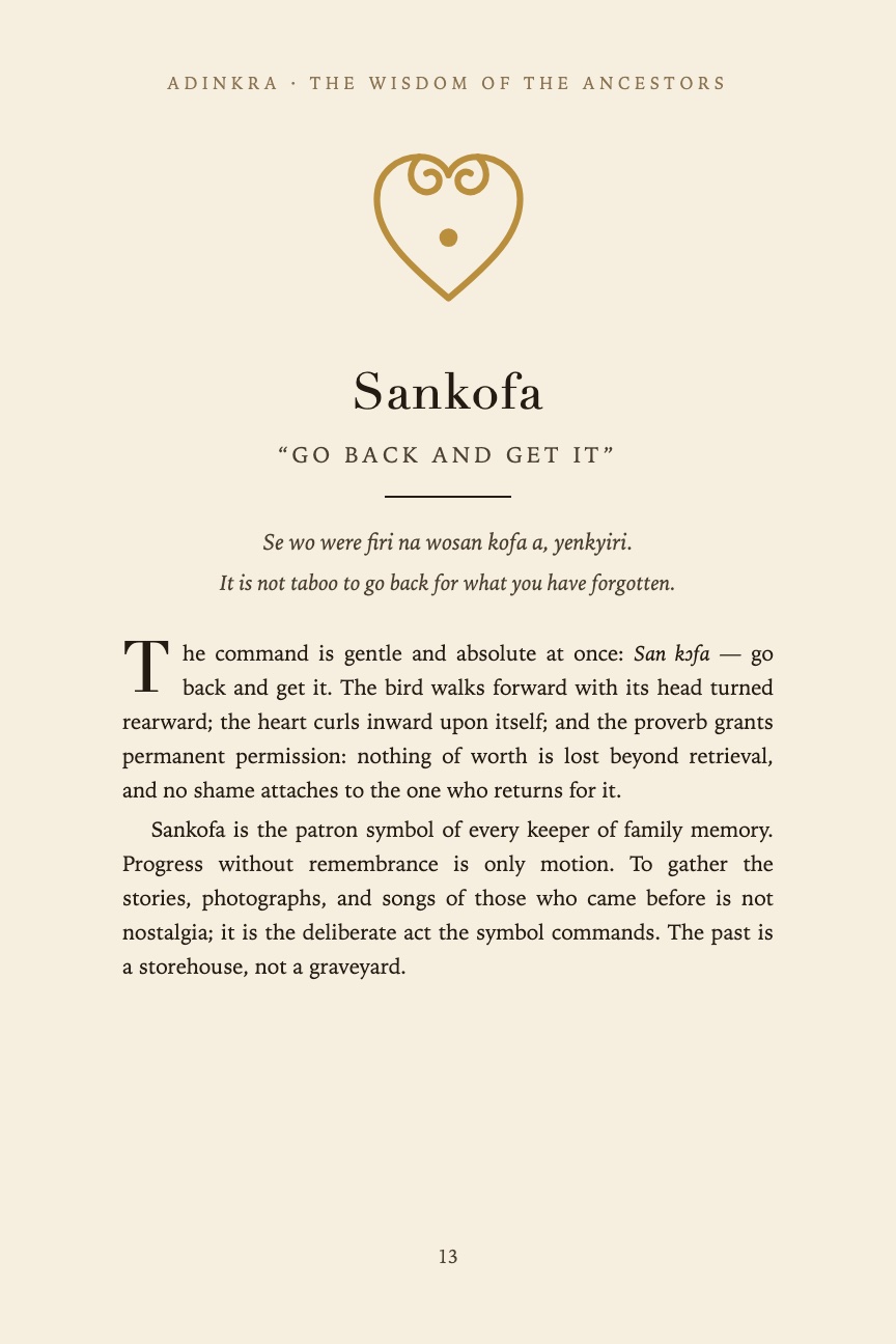 Sankofa page — the gold heart-form symbol above its proverb
