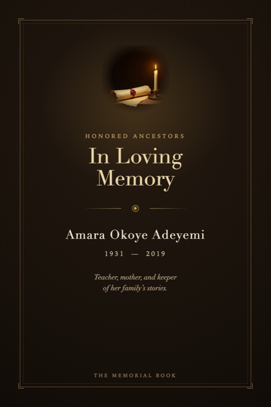 An example Memorial Book cover — In Loving Memory, set by candlelight