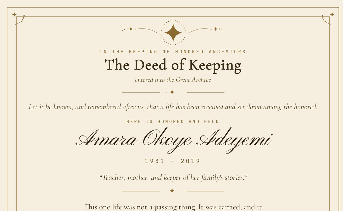 The Deed of Keeping — its title and a name in calligraphic script on the cream sheet